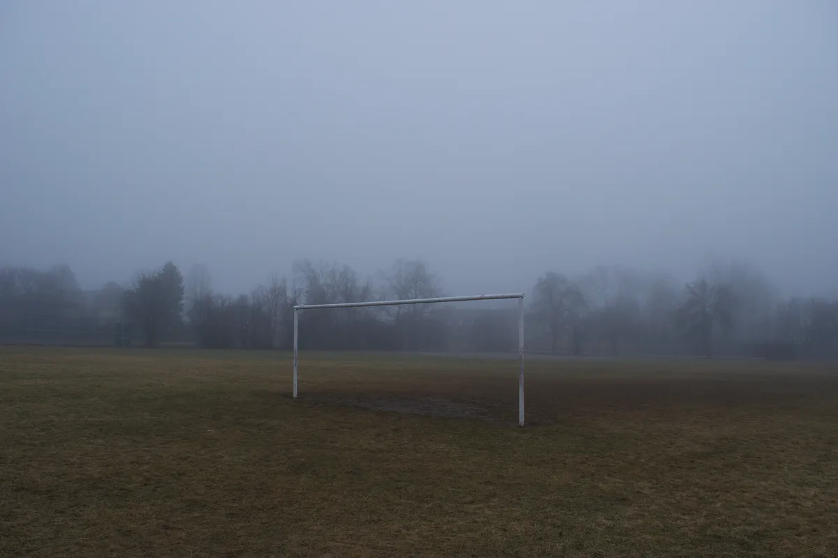 A soccer goal with no netting