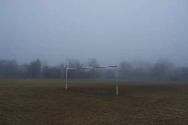 A soccer goal with no netting