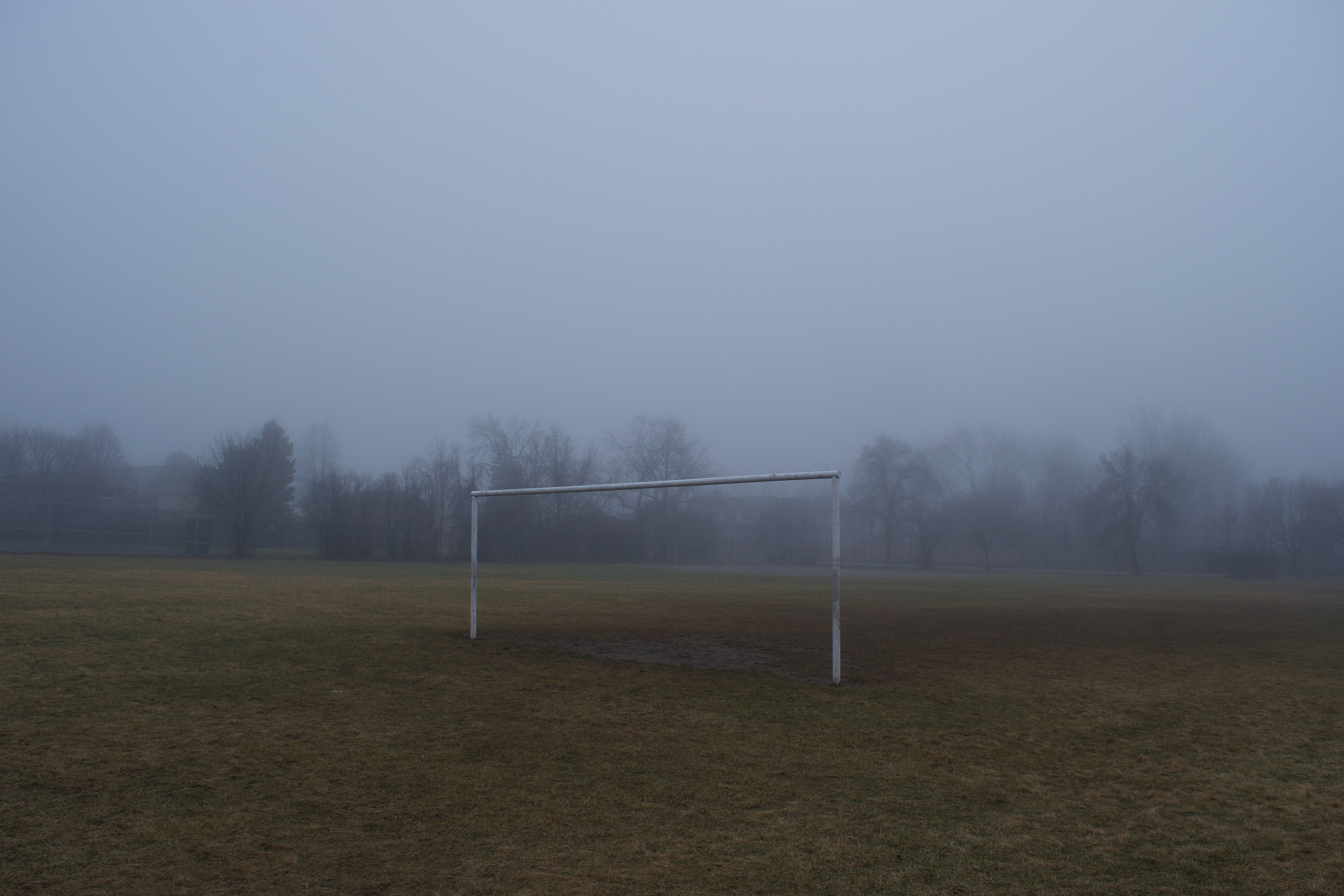 A soccer goal with no netting