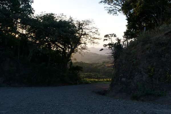 A windy road with a sunset in the background